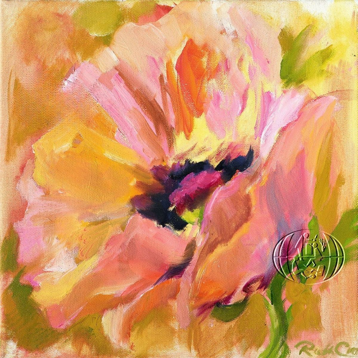 Blomster plakat med motiv af lyserød valmue, malet af danske mundmalende kunstner Ruth Christensen
