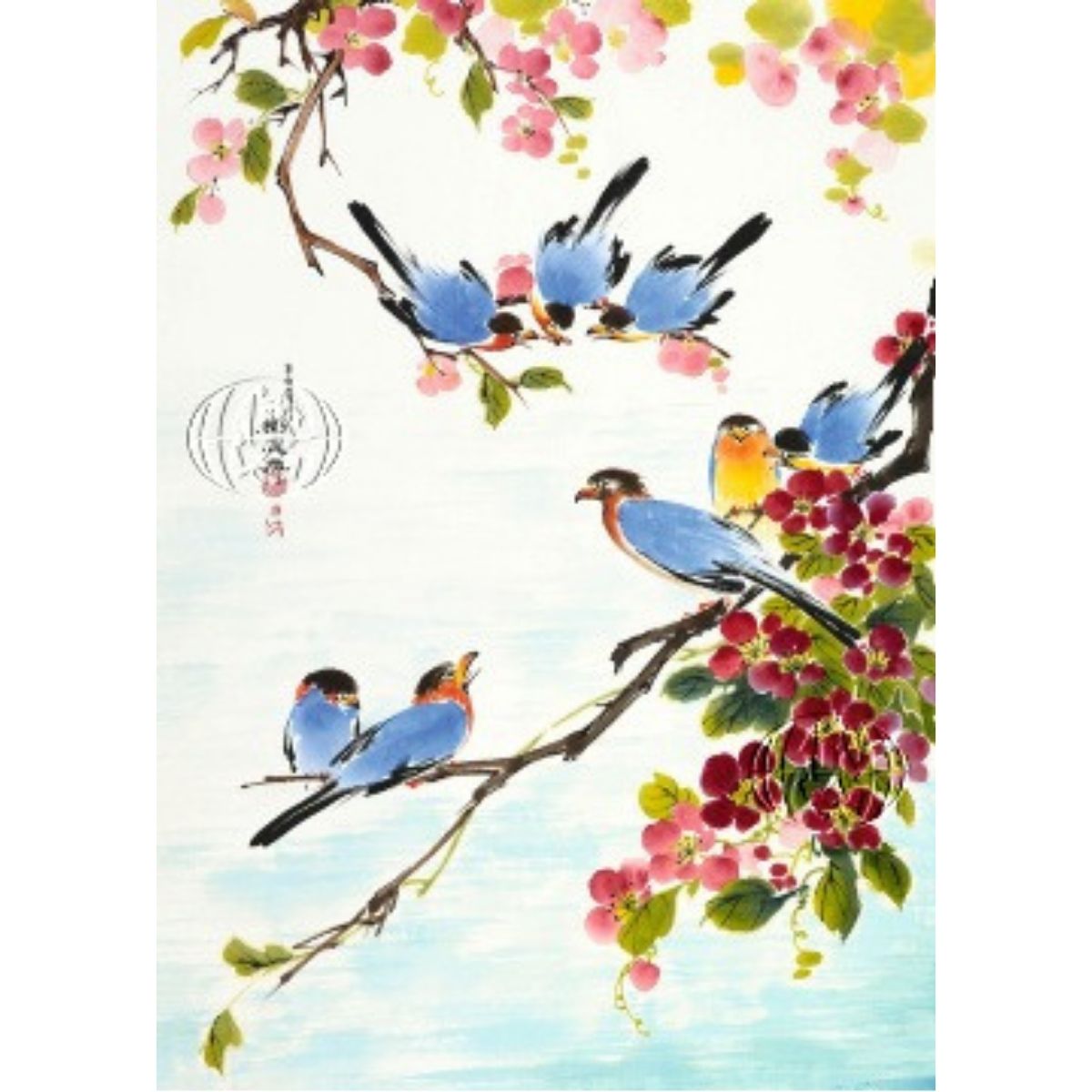 Naturplakat med fugle på blomstergrene af fodmalende kunstner En-Tien Yang fra Taiwan