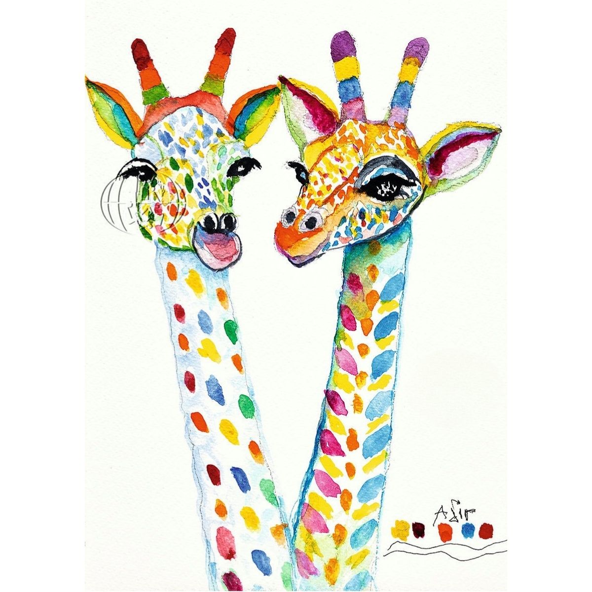 Plakat med to farvestrålende giraffer, malet med munden af kunstner Itzhak Adir fra Israel.
